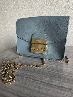 Furla Light Blue Leather Crossbody with Gold Hardware | Blue